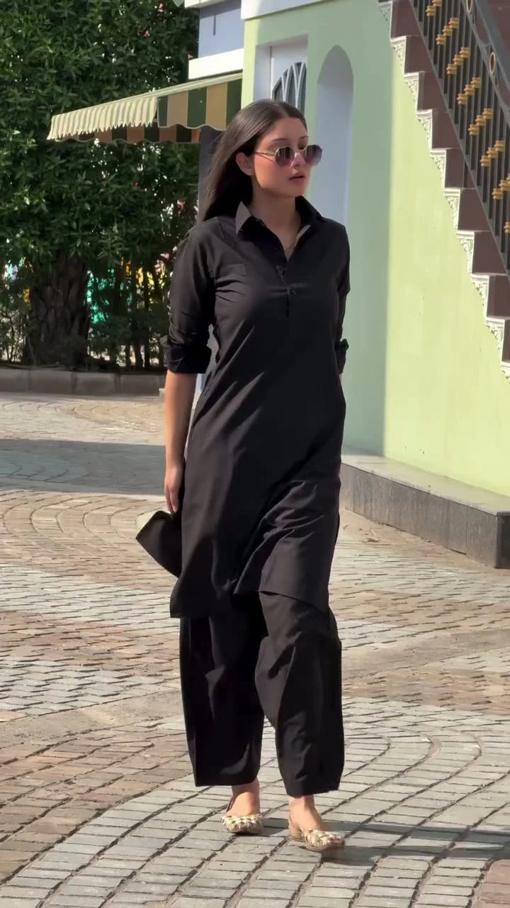Black Cotton Kurta Pant Set