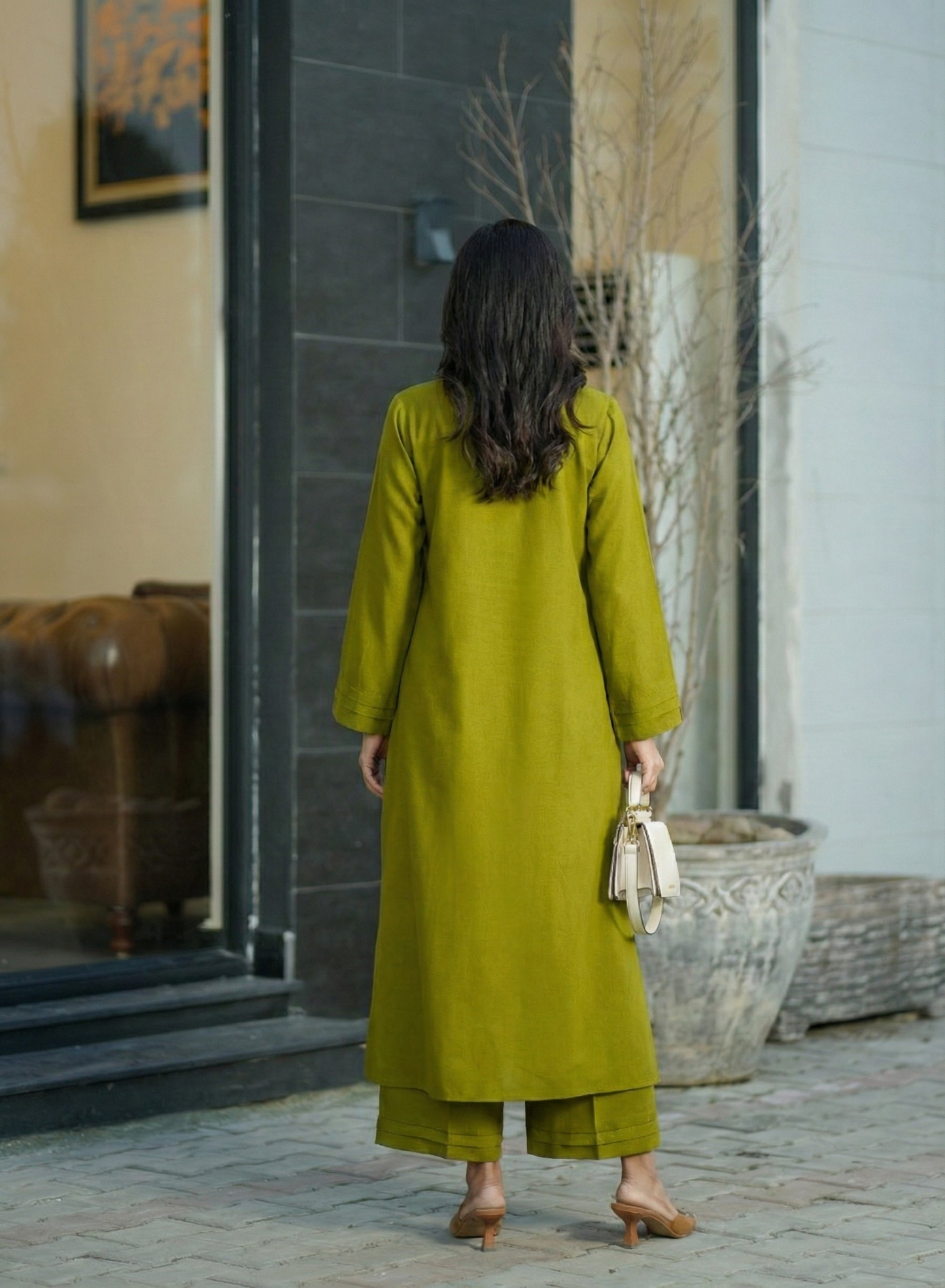 "Zaitoon" - Olive Green Solid Rayon Kurta Pant Set