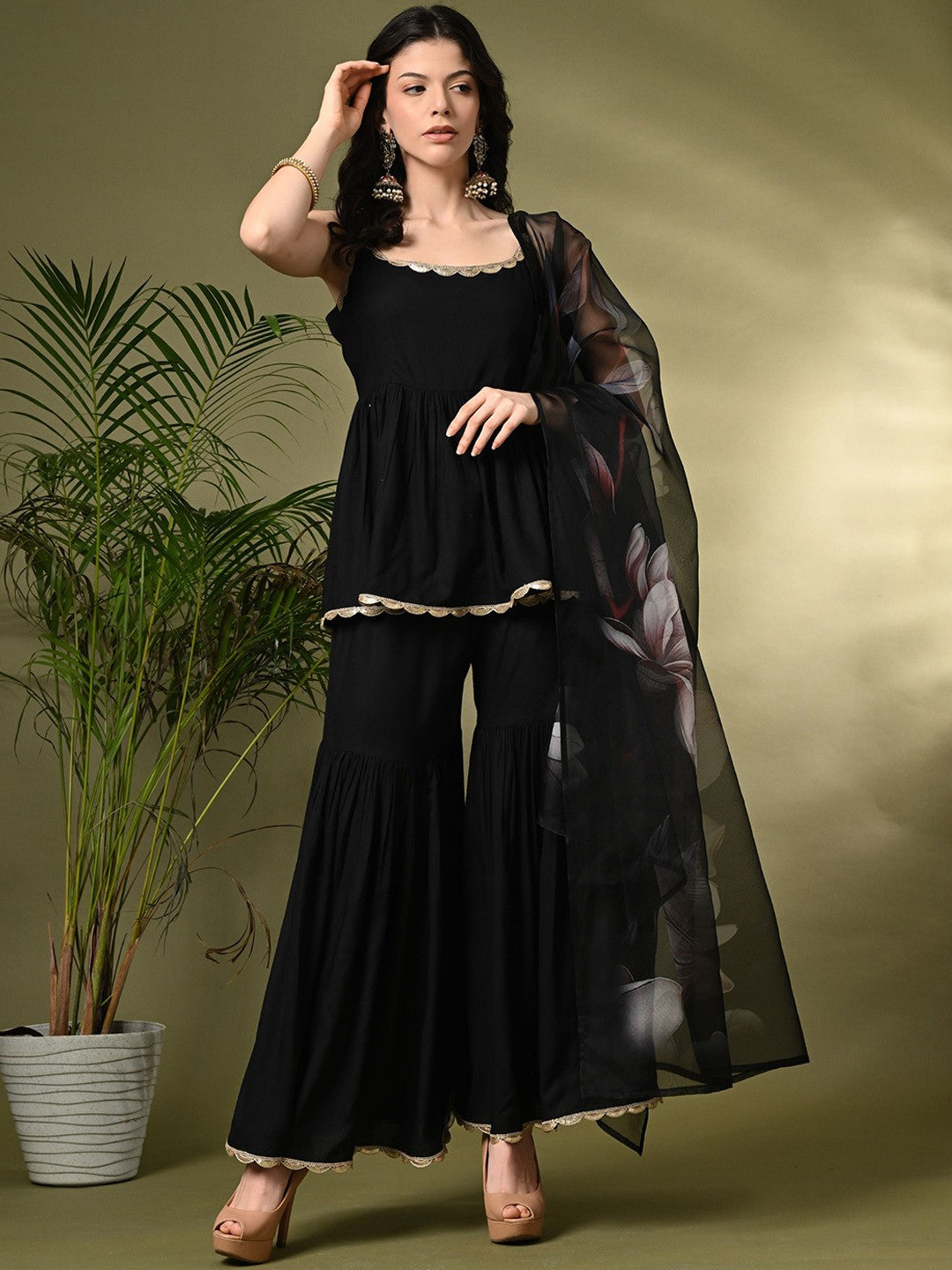 "Gulnaar Tiered Sharara Set –  Elegance with Golden Gota"