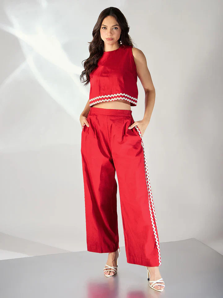 "Shalini" - Modern Sleeveless Cotton Crop Top & Wide Leg Pants Set