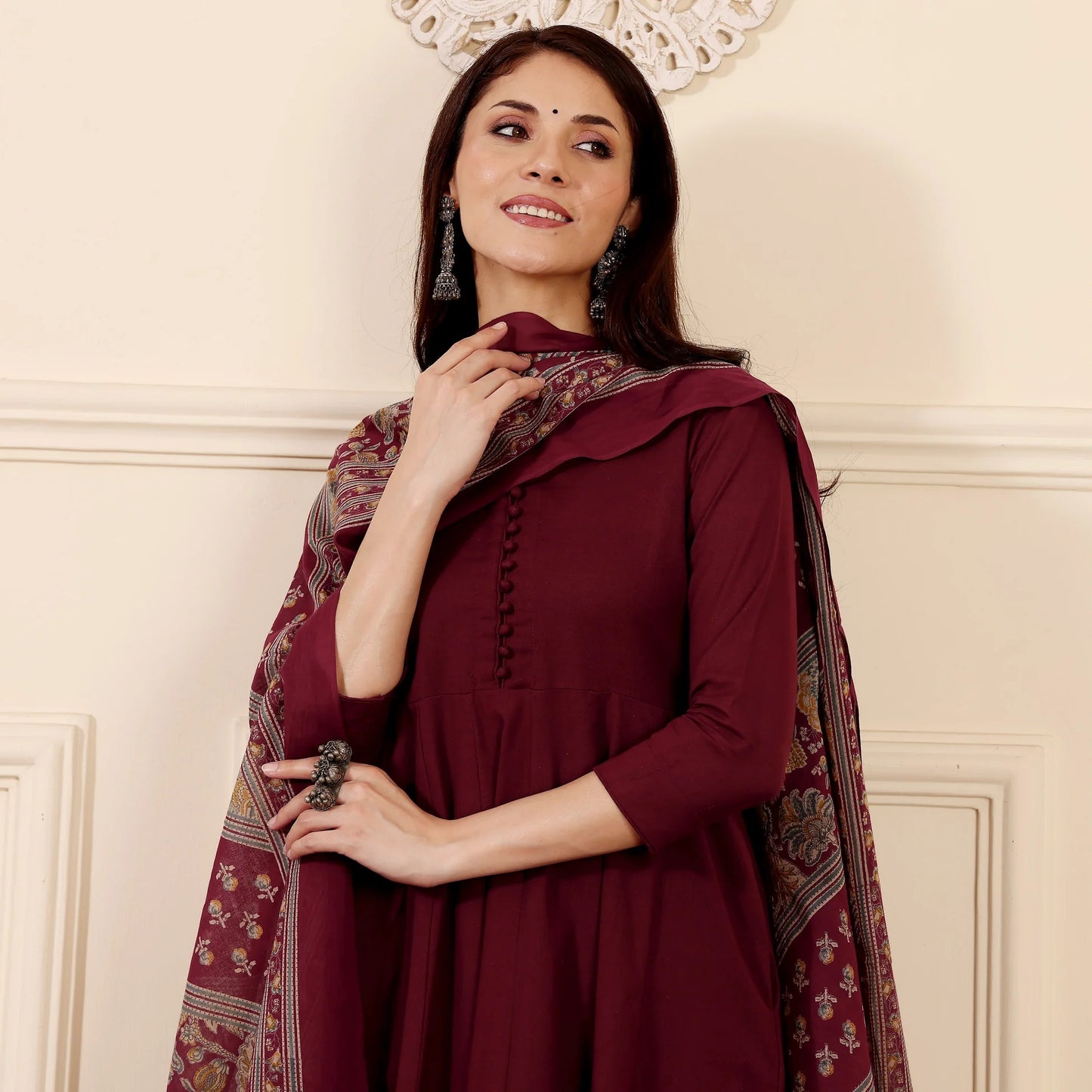 "Vibhaari" - Maroon Anarkali Suit Set with Patterned Dupatta