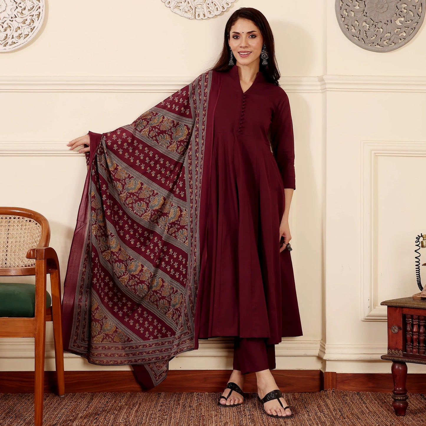 "Vibhaari" - Maroon Anarkali Suit Set with Patterned Dupatta