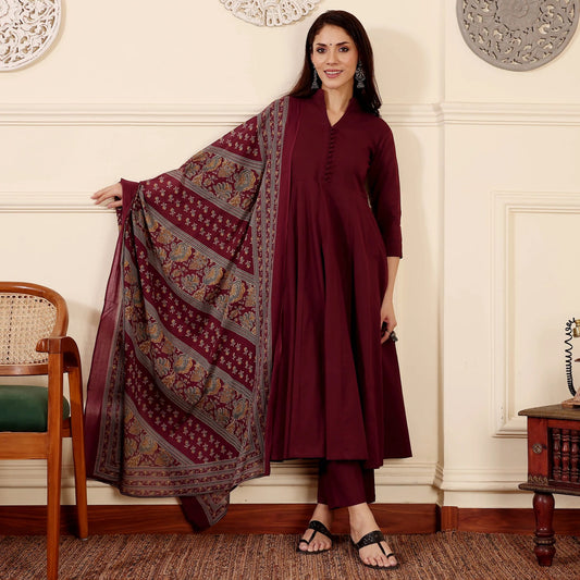 "Vibhaari" - Maroon Anarkali Suit Set with Patterned Dupatta