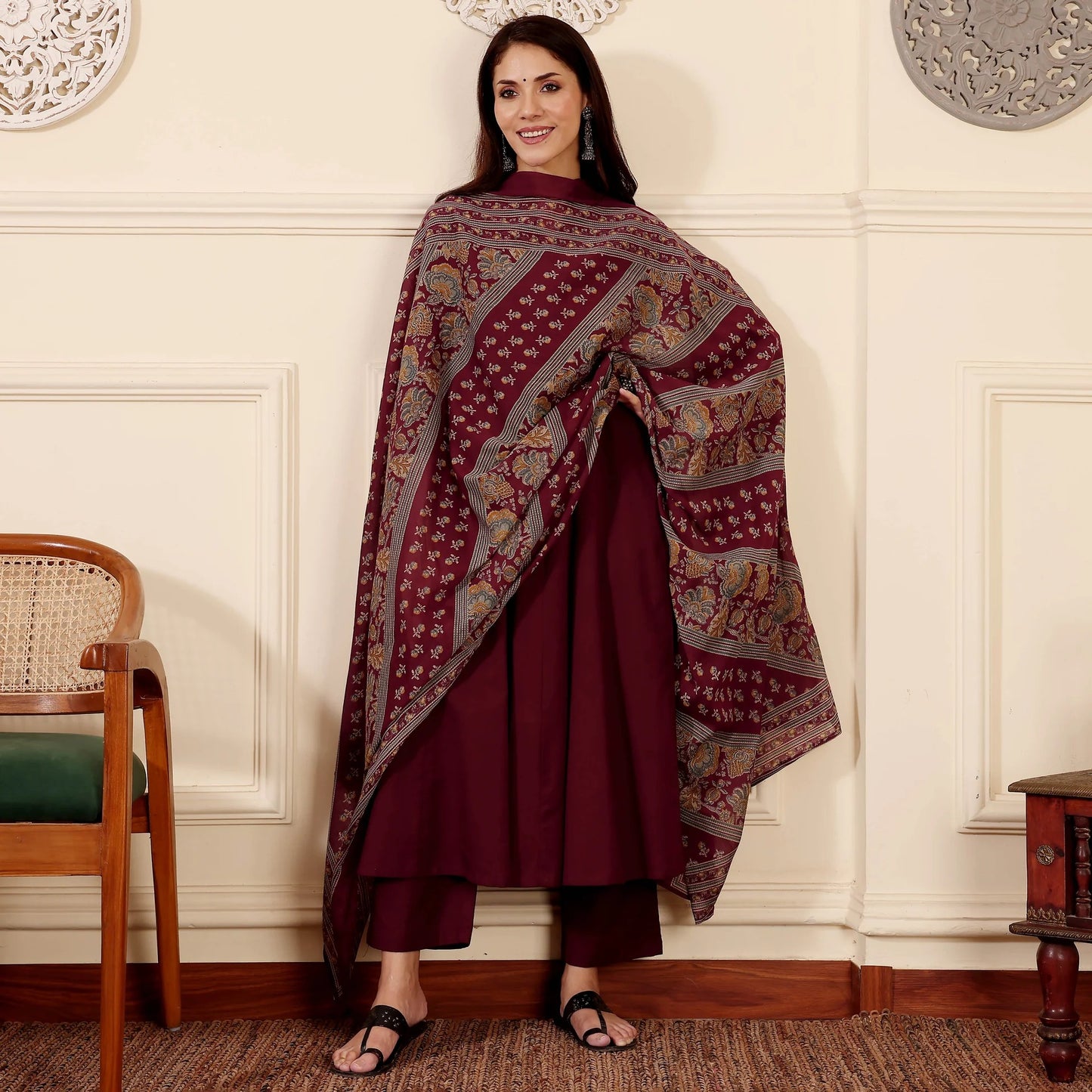 "Vibhaari" - Maroon Anarkali Suit Set with Patterned Dupatta