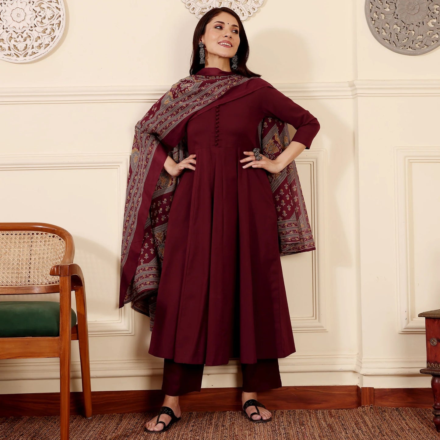 "Vibhaari" - Maroon Anarkali Suit Set with Patterned Dupatta