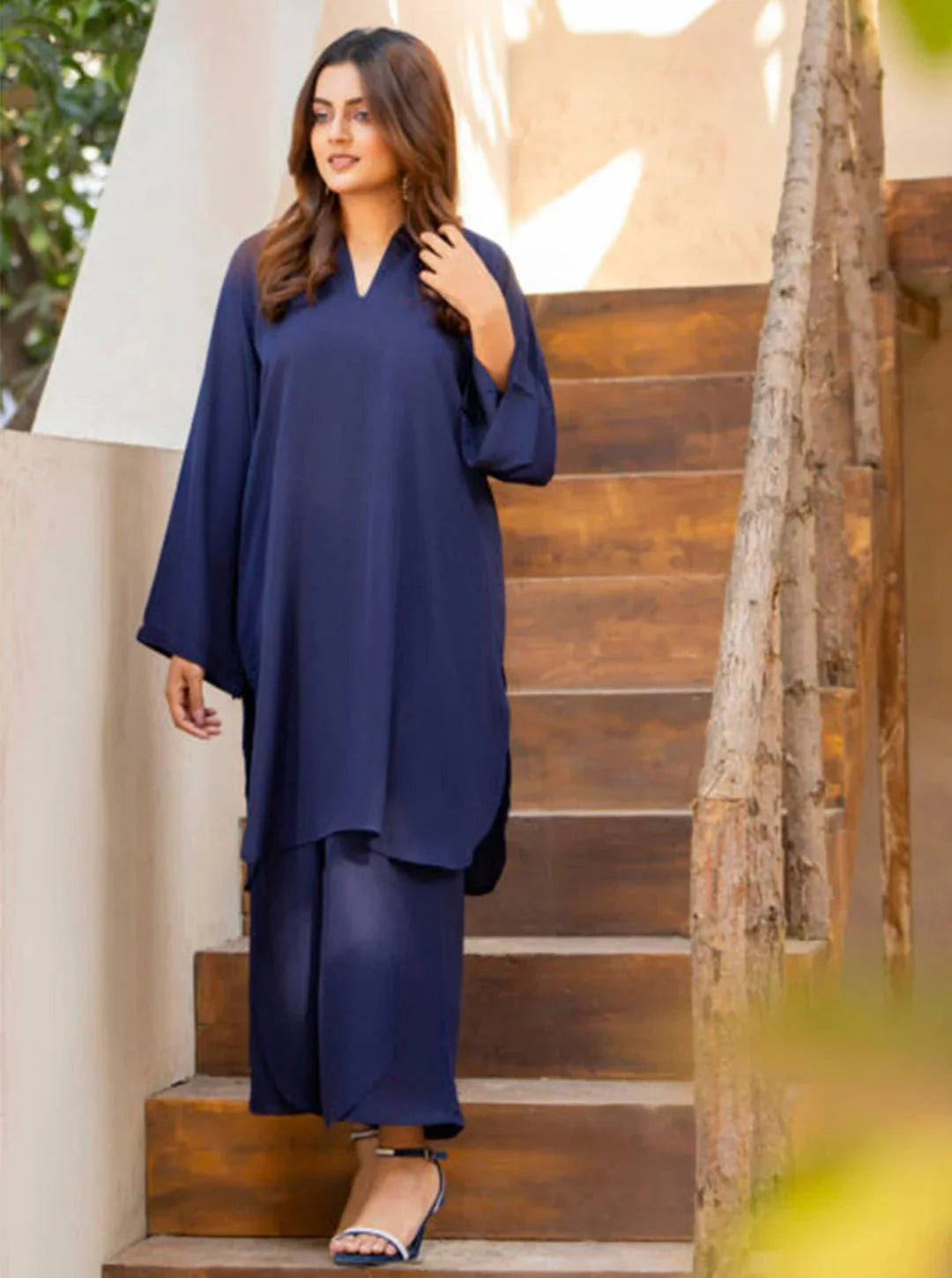 "Nayela" - Flowy Georgette Tunic & Straight Pants Co-ord Set with Wide Sleeves