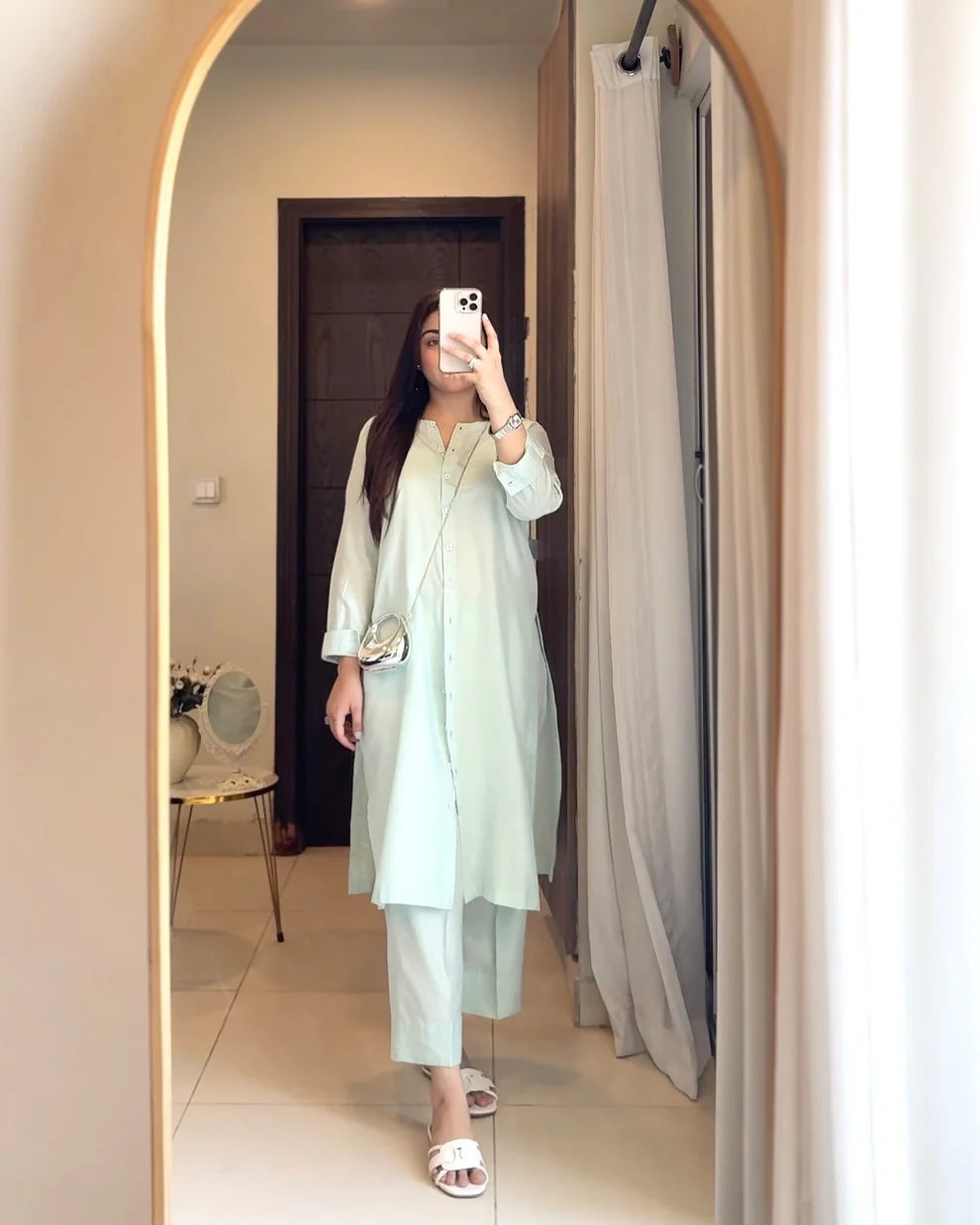 "Noorani" - Luminous Mint Green Cotton Straight Tunic & Pants Co-ord Set