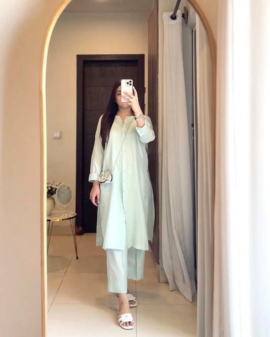 "Noorani" - Luminous Mint Green Cotton Straight Tunic & Pants Co-ord Set