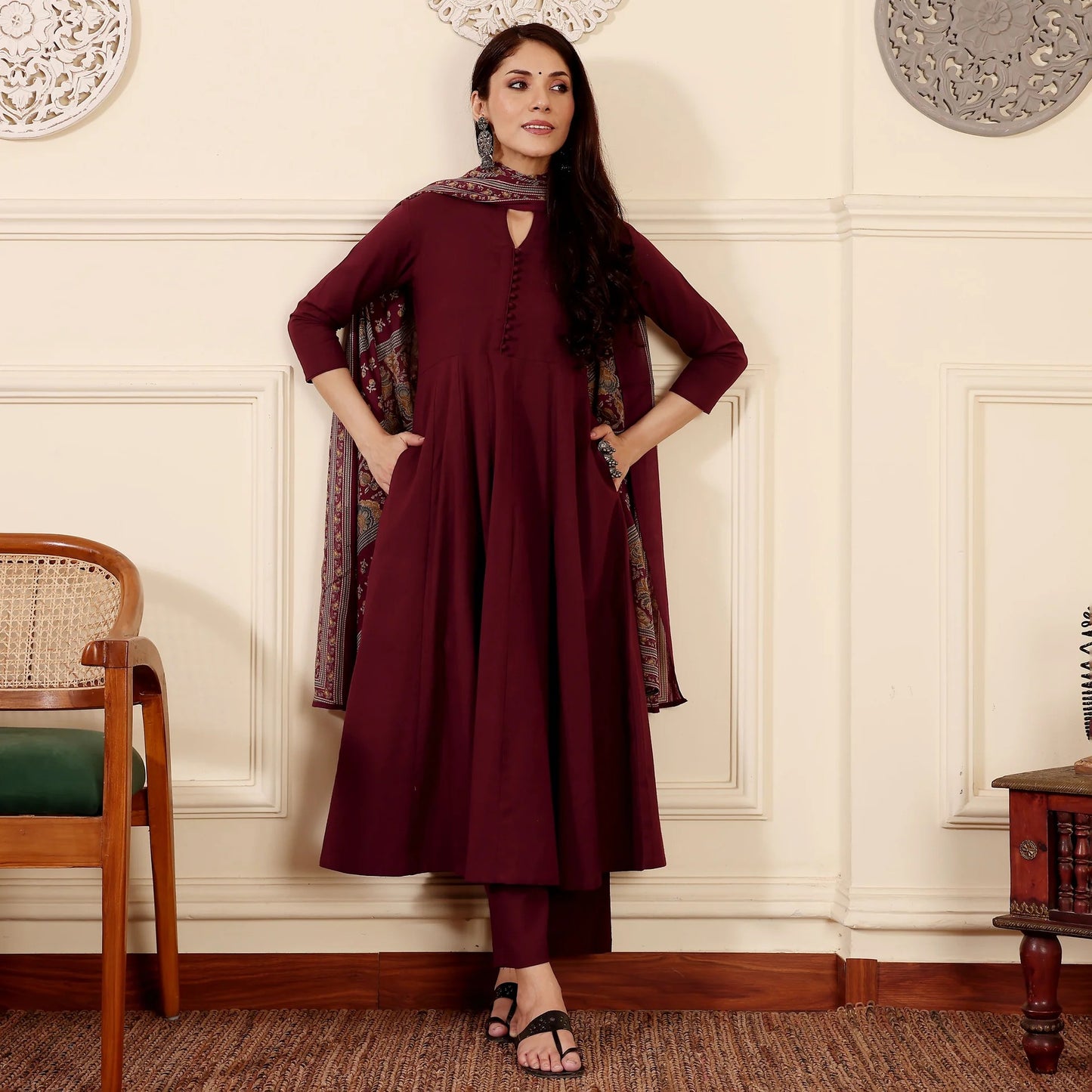 "Vibhaari" - Maroon Anarkali Suit Set with Patterned Dupatta