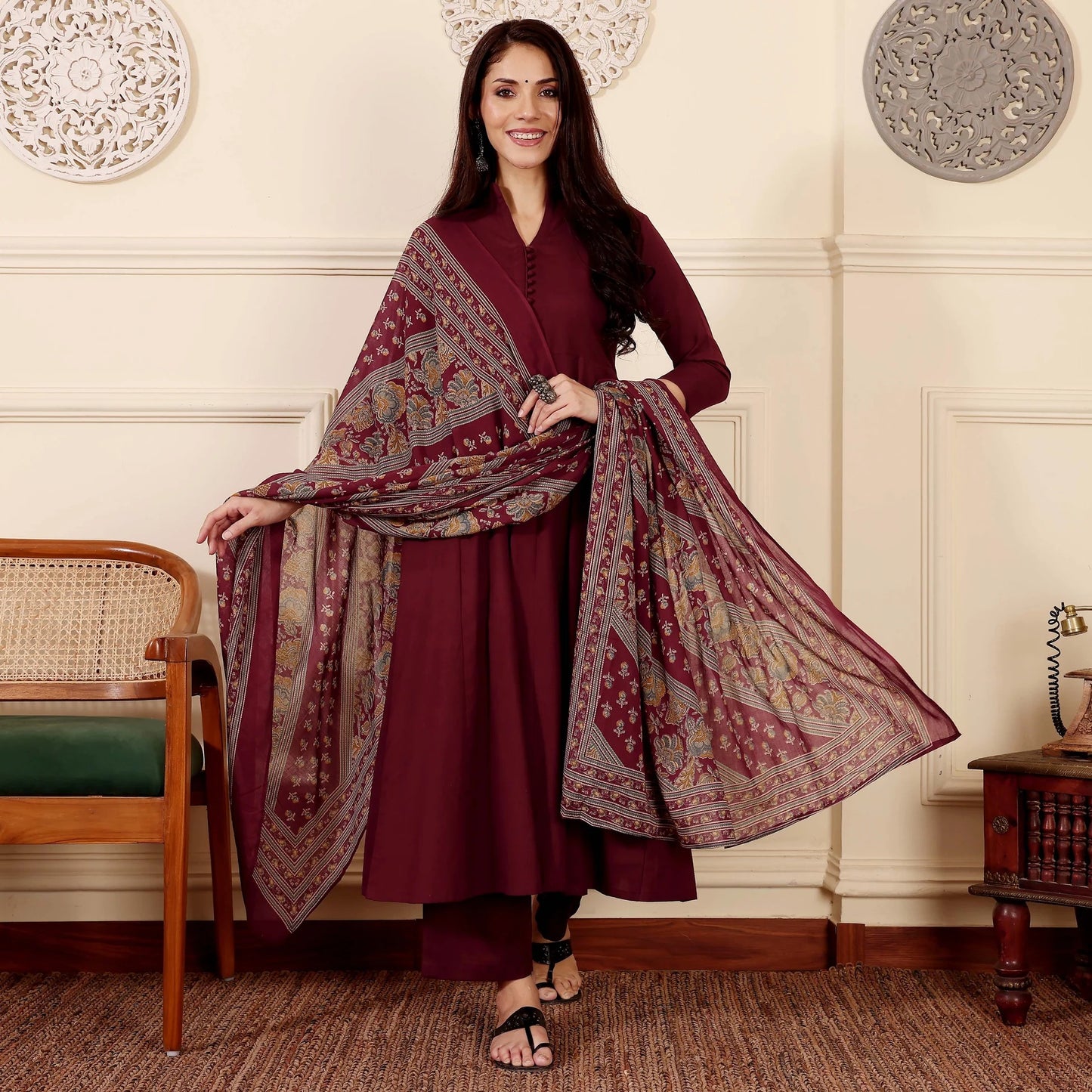 "Vibhaari" - Maroon Anarkali Suit Set with Patterned Dupatta