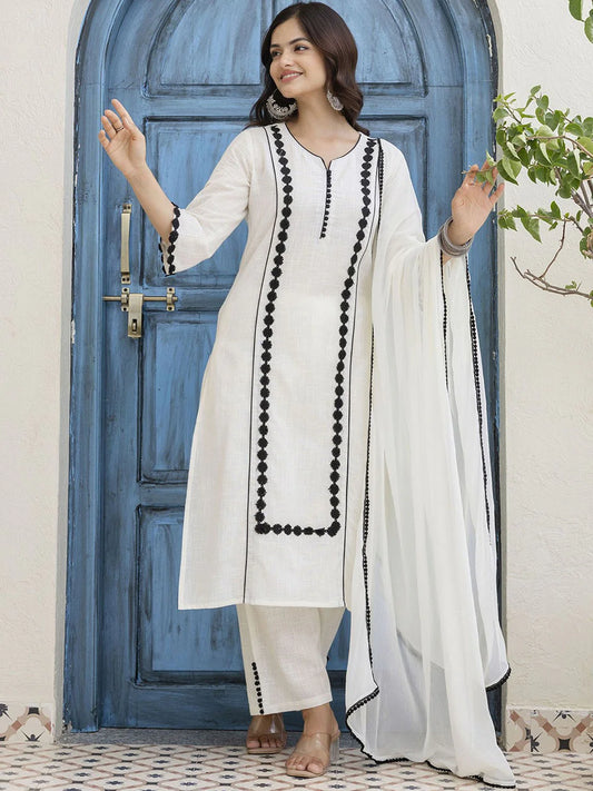"Imaan" - Pristine Off-White Cotton Slub Straight Kurta & Pants Set with Subtle Detailing