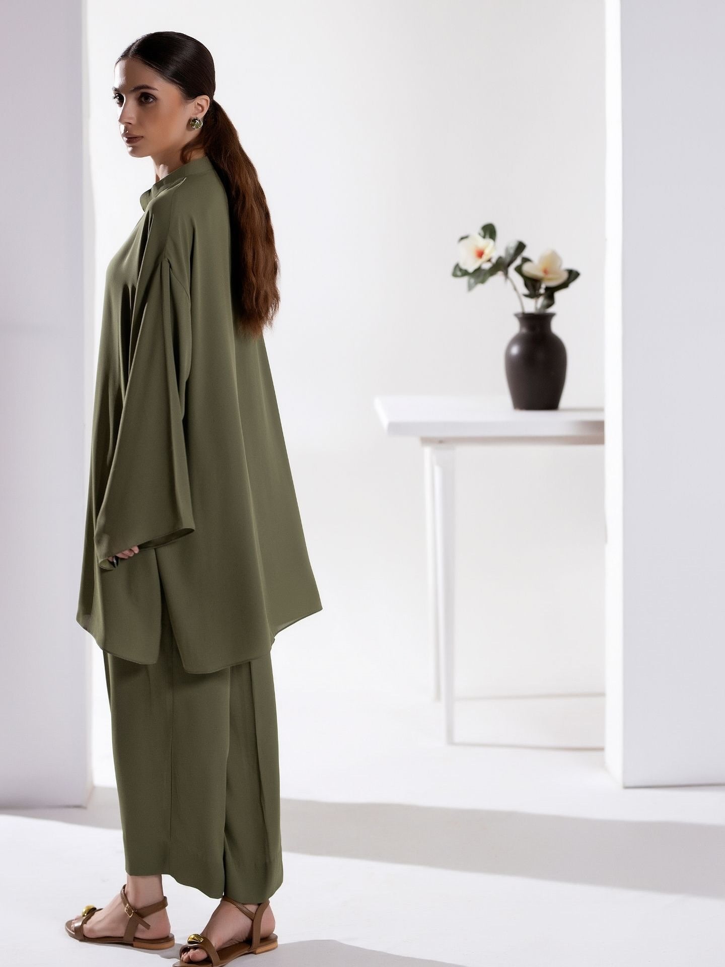 "The Verra" – Olive Green Rayon Minimalist Kurta Set