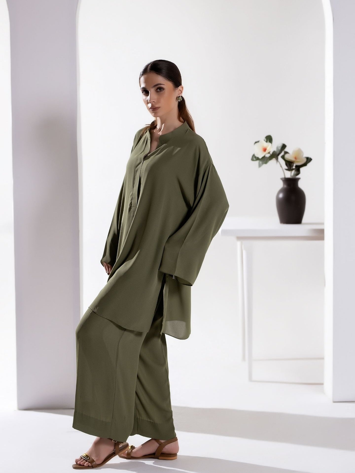 "The Verra" – Olive Green Rayon Minimalist Kurta Set