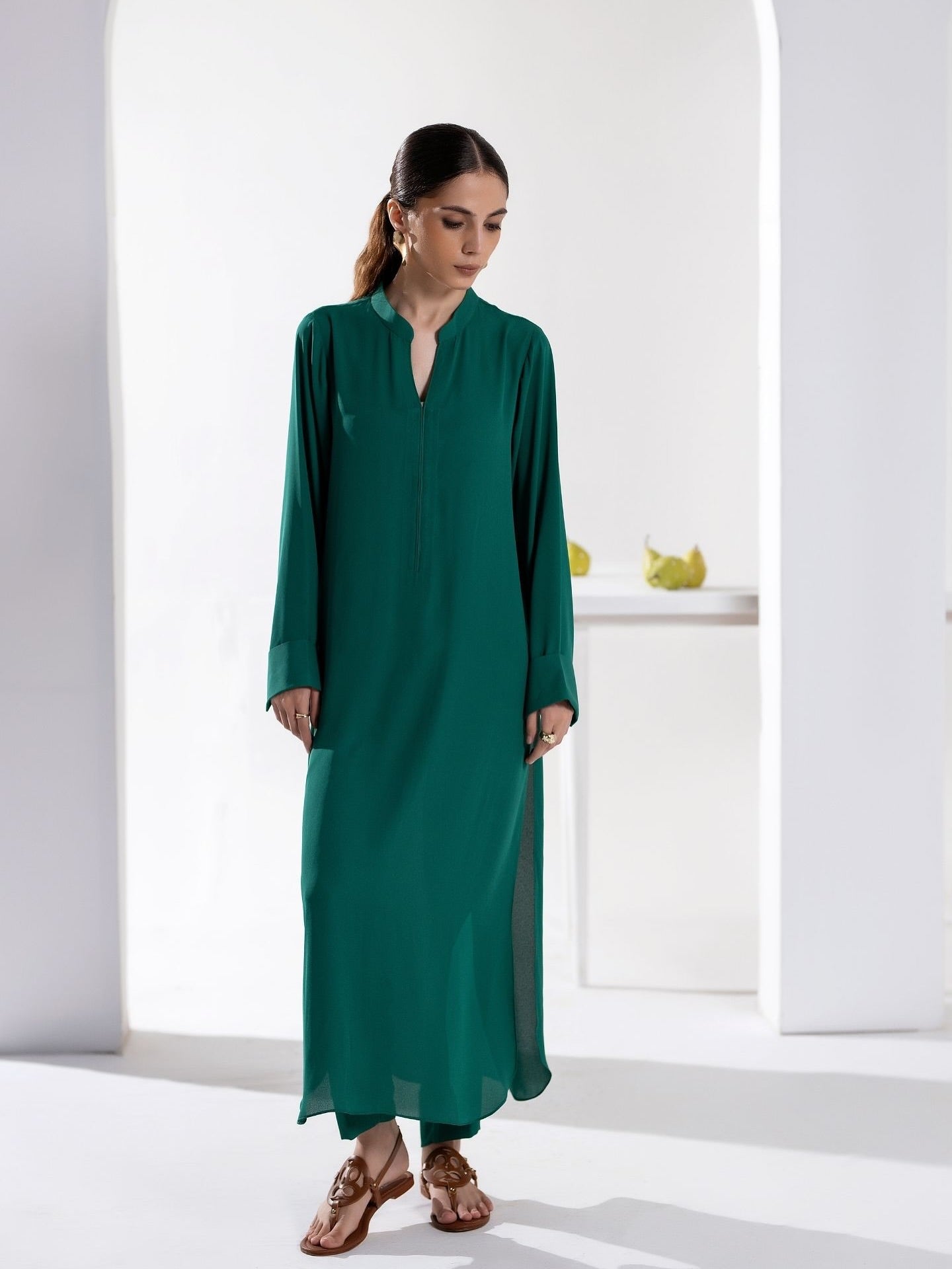 "Jannat" - Emerald Green Solid Rayon Longline Kurta Set