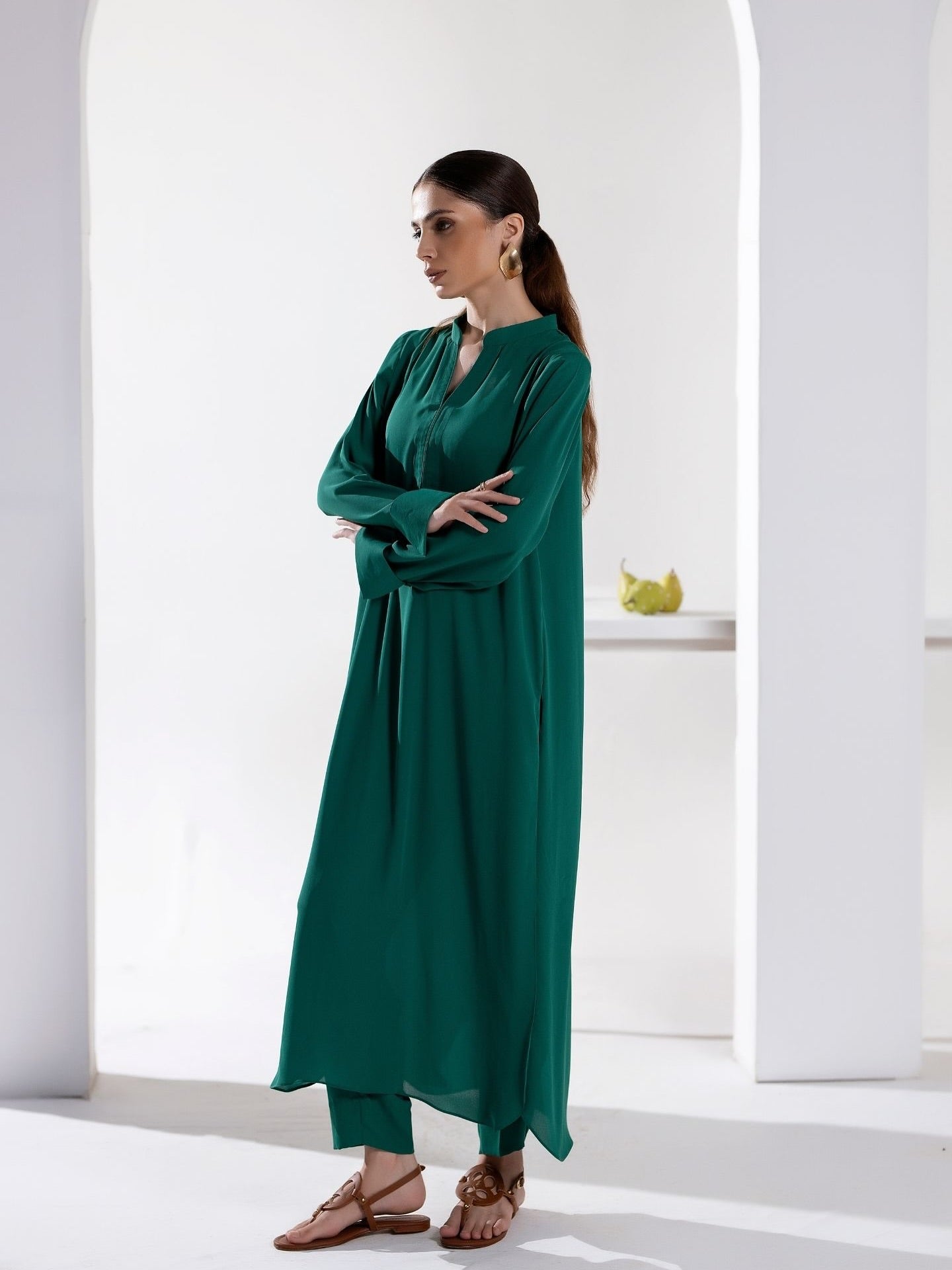 "Jannat" - Emerald Green Solid Rayon Longline Kurta Set