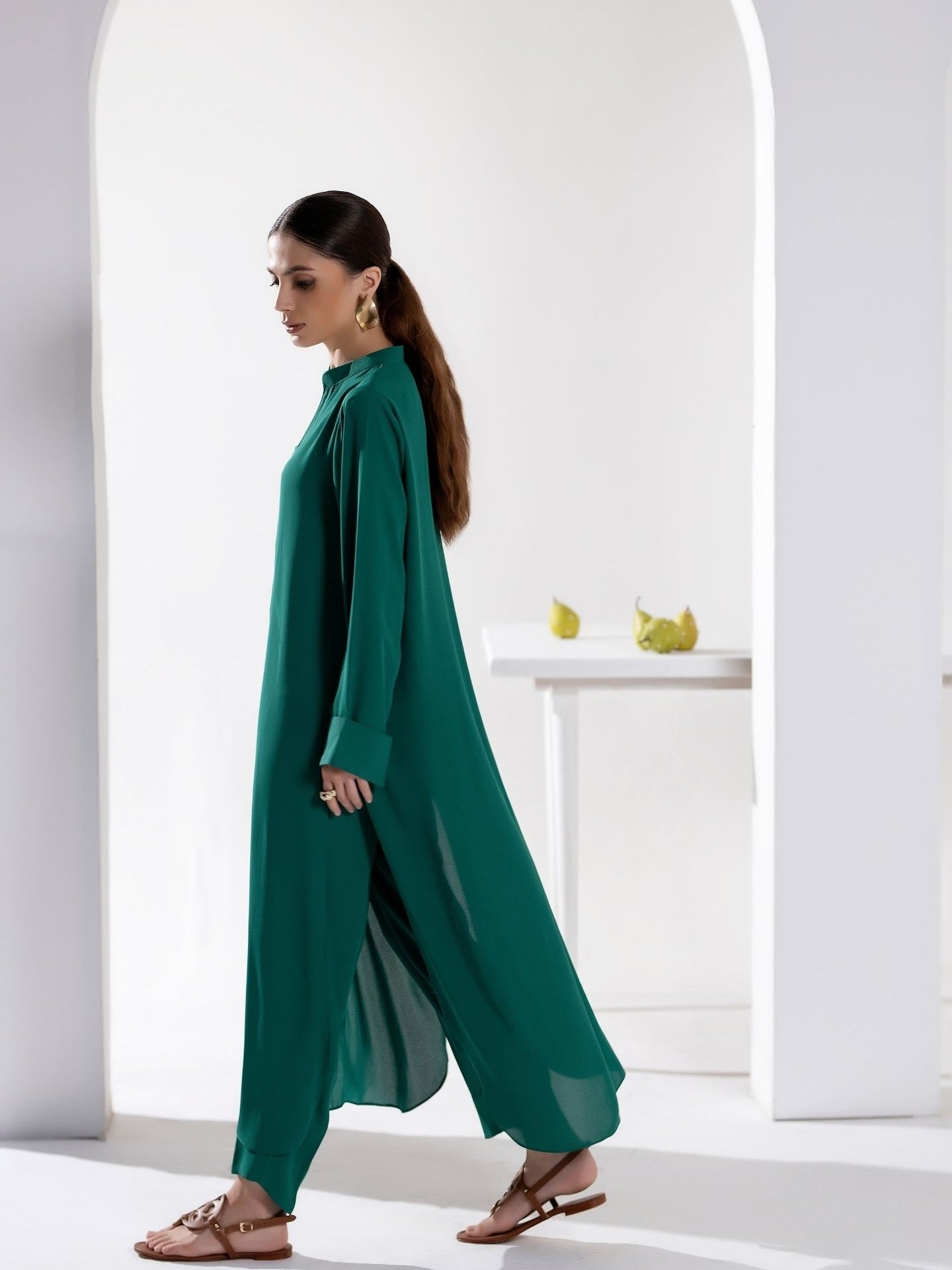 "Jannat" - Emerald Green Solid Rayon Longline Kurta Set