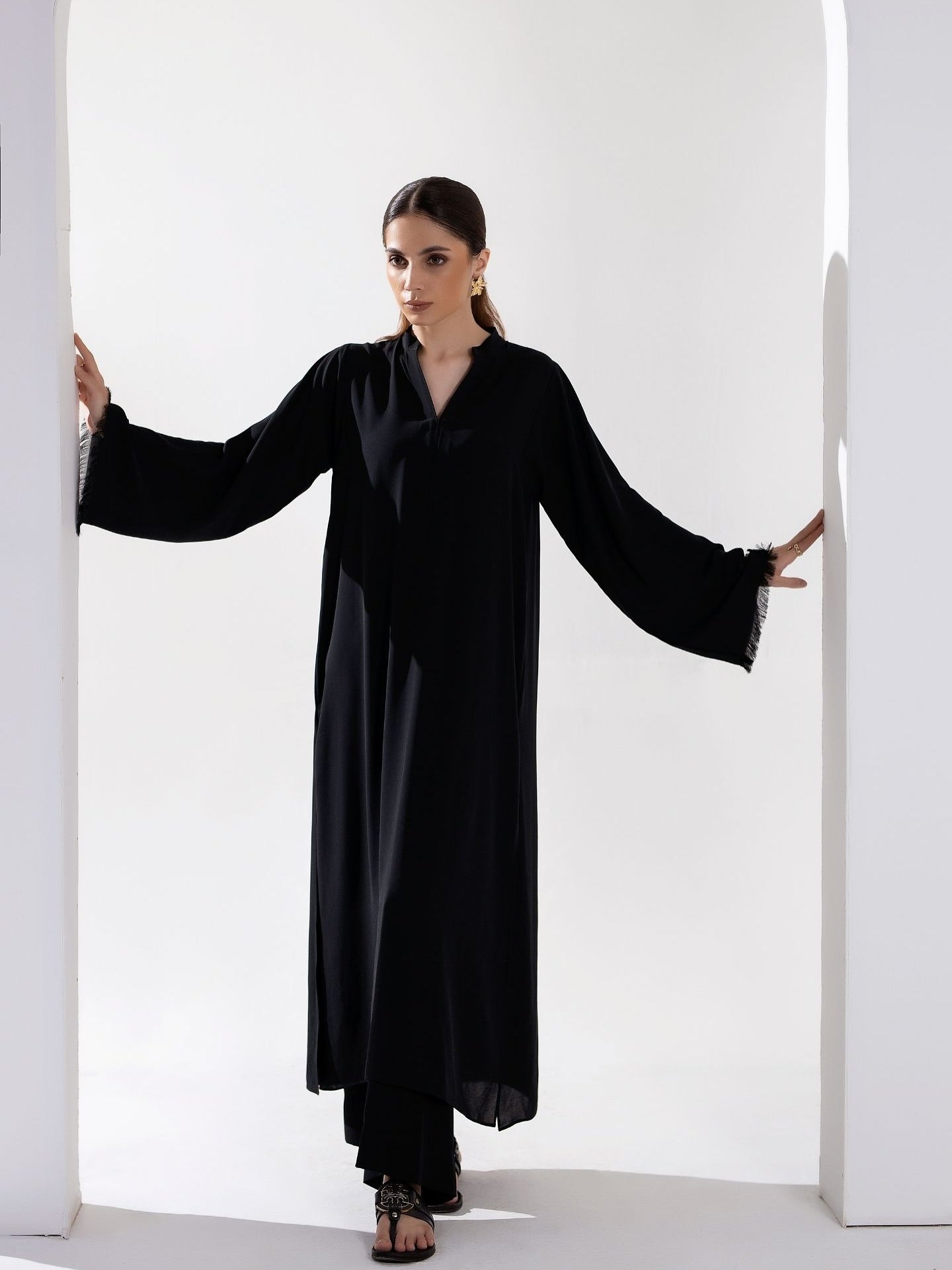 "Siyah" - Solid Black Rayon Kurta Set with Fringe Detail