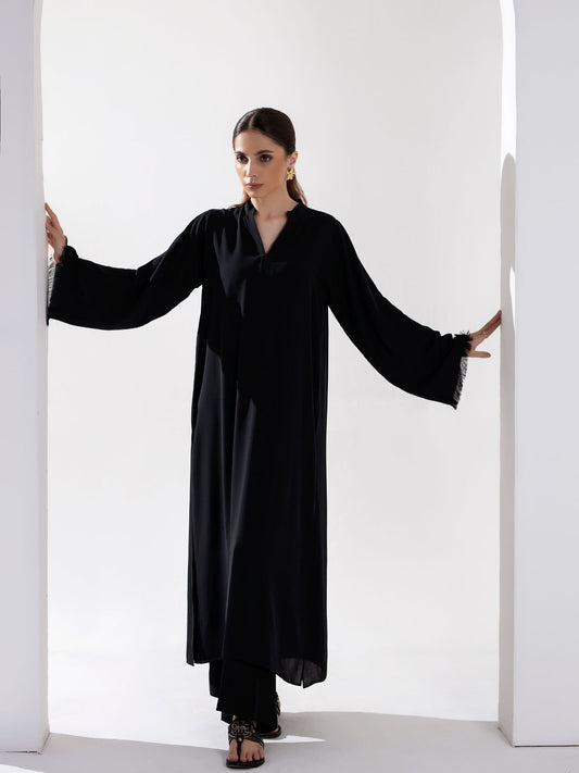 "Siyah" - Solid Black Rayon Kurta Set with Fringe Detail