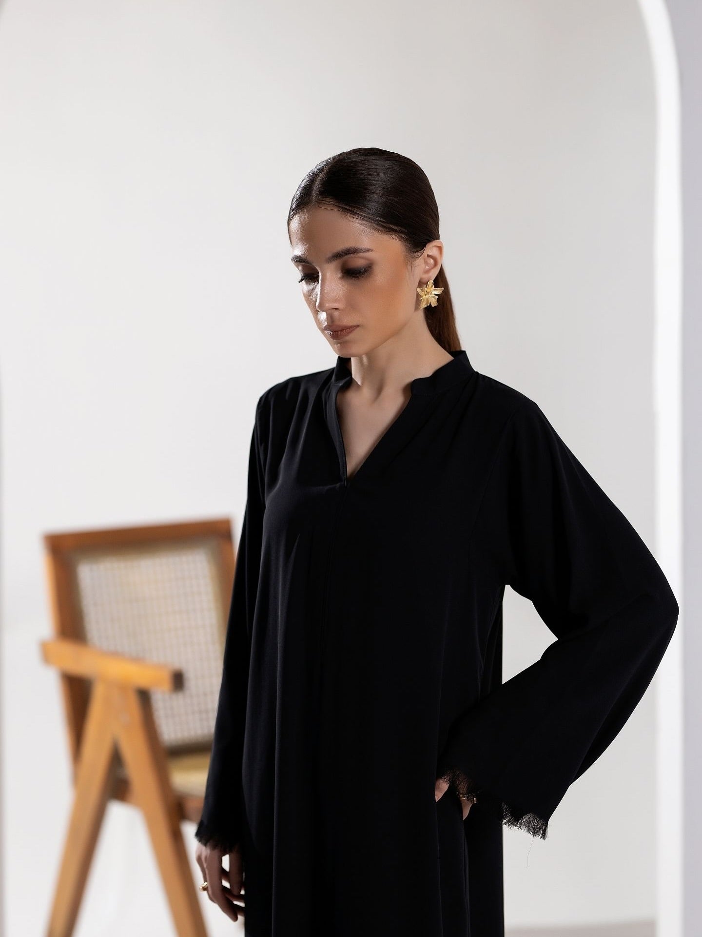 "Siyah" - Solid Black Rayon Kurta Set with Fringe Detail