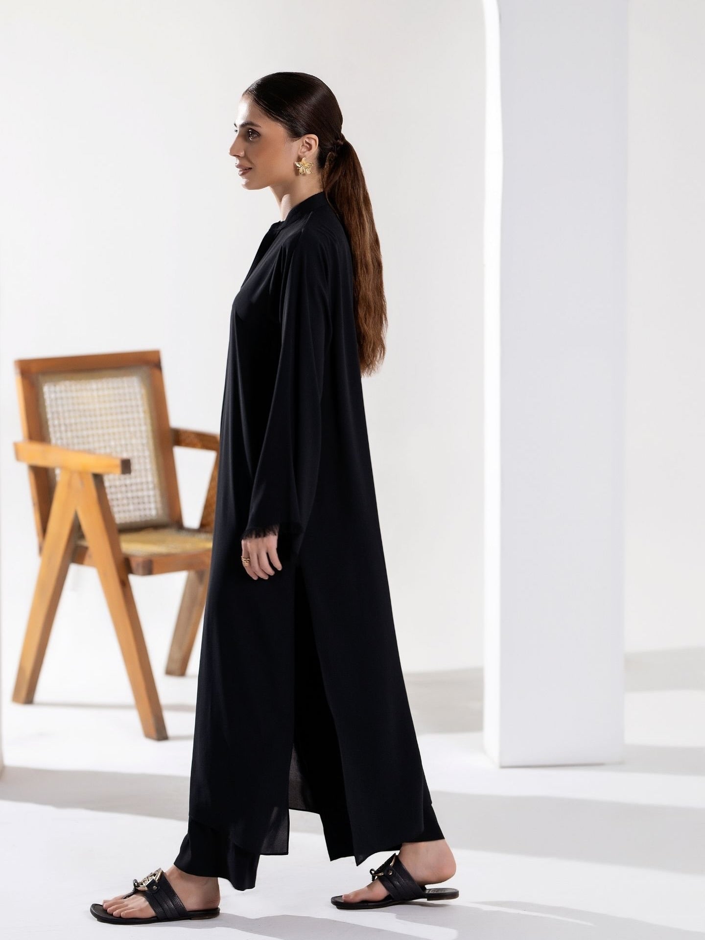 "Siyah" - Solid Black Rayon Kurta Set with Fringe Detail