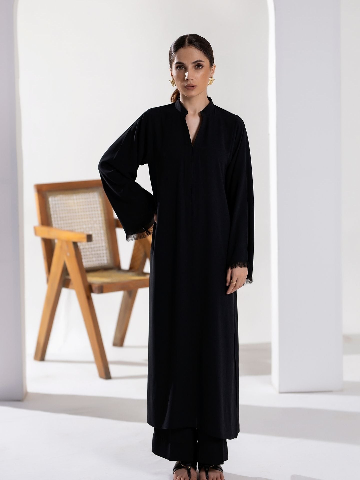"Siyah" - Solid Black Rayon Kurta Set with Fringe Detail