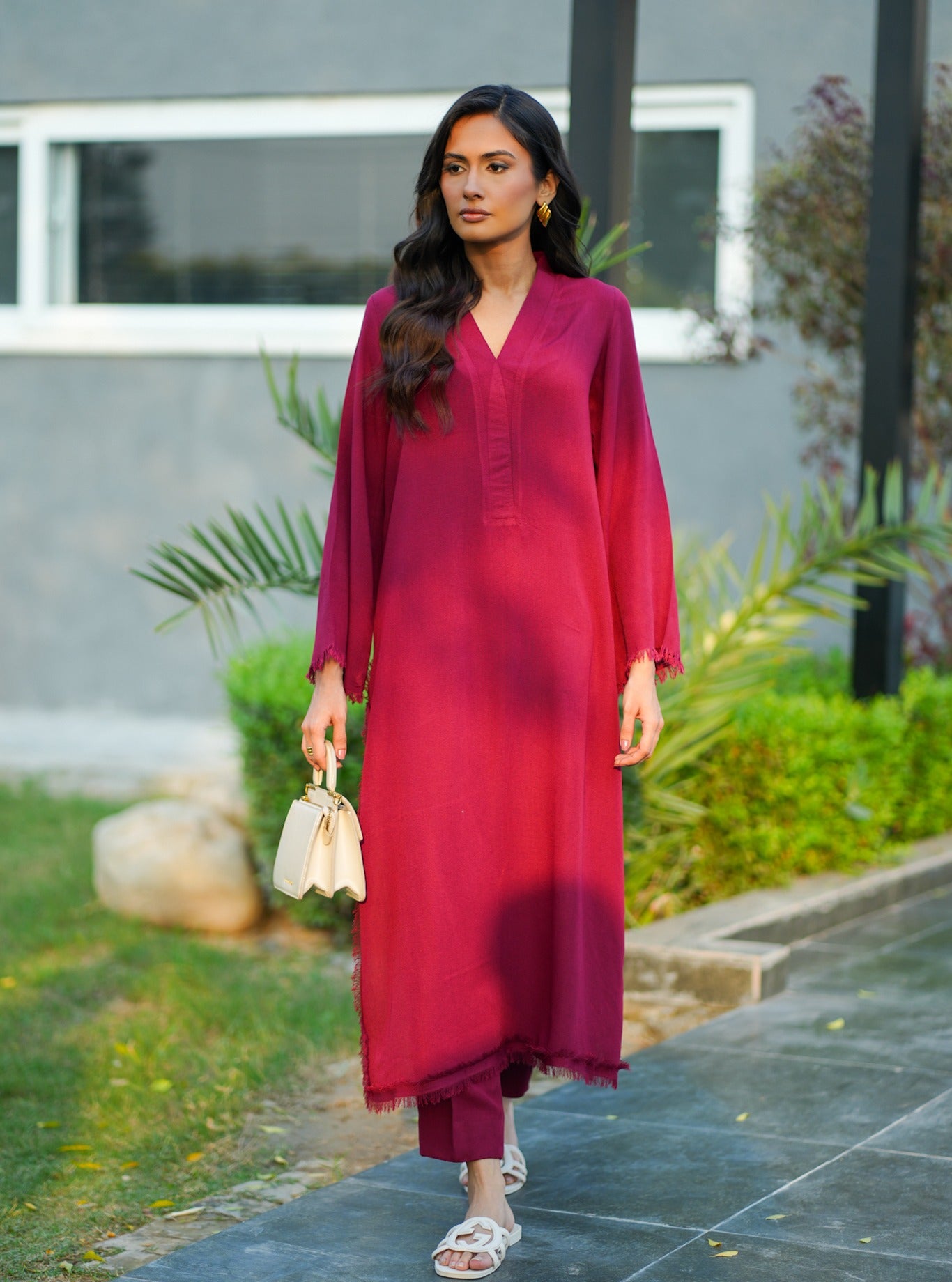 "Amara" - Magenta Solid Rayon Kurta Set with Fringe Detail