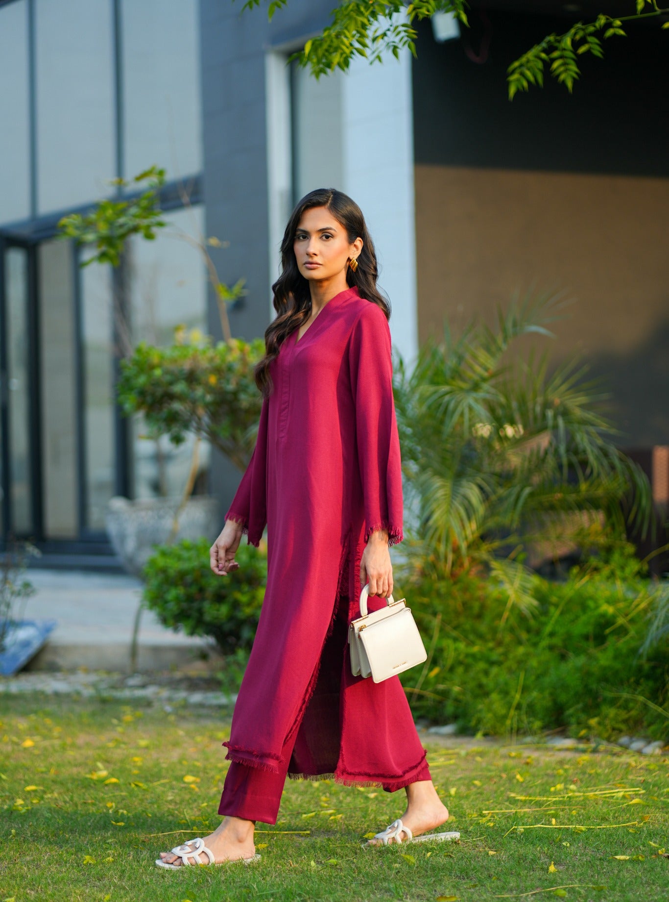"Amara" - Magenta Solid Rayon Kurta Set with Fringe Detail