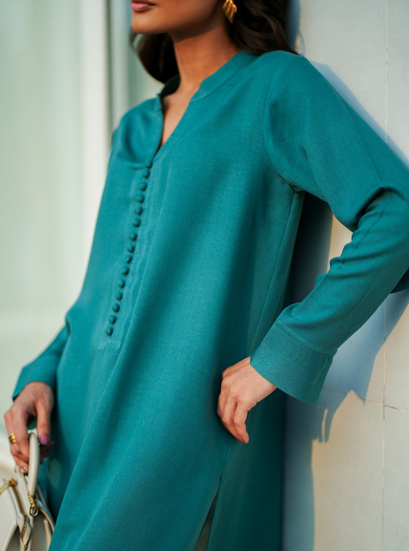 "Firoza" - Teal Blue Solid Rayon Button-Down Kurta Set