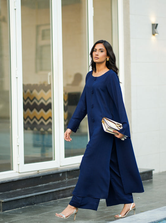 "Neelam" - Navy Blue Solid Rayon Button-Down Kurta Set