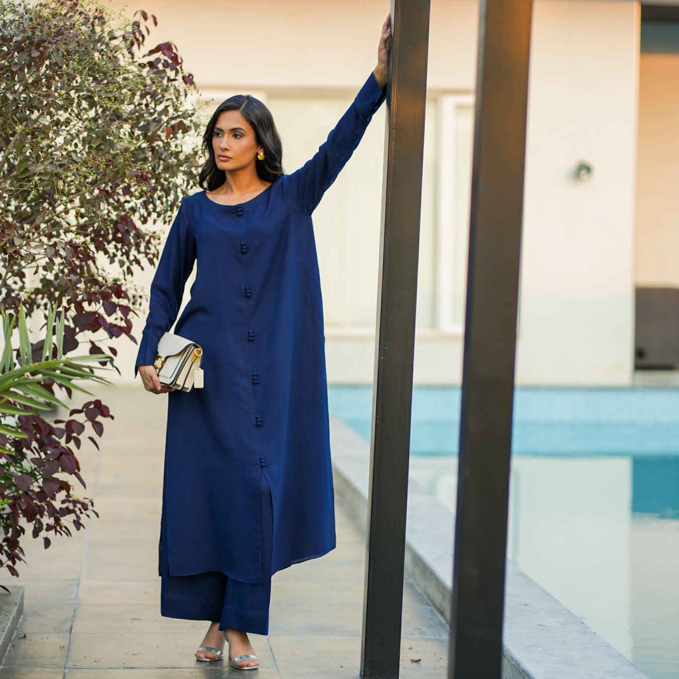 "Neelam" - Navy Blue Solid Rayon Button-Down Kurta Set