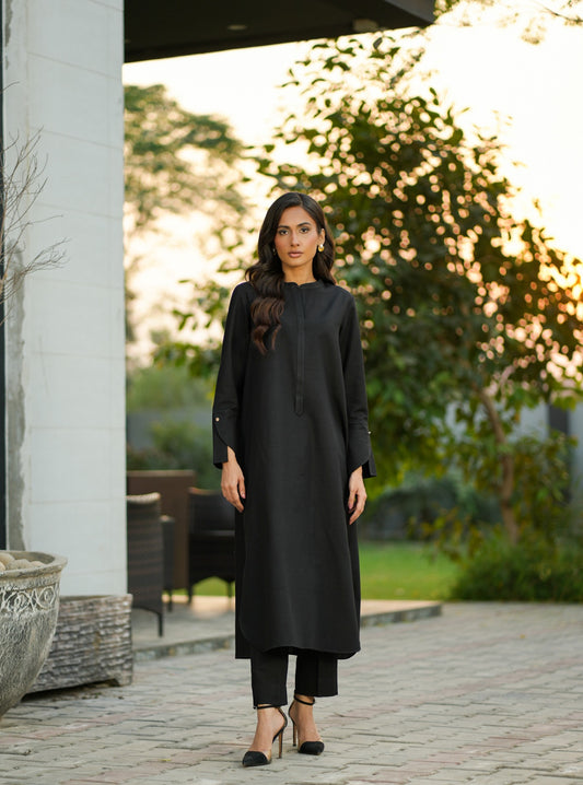 "Layla" - Midnight Black Solid Rayon Longline Co-ord Set