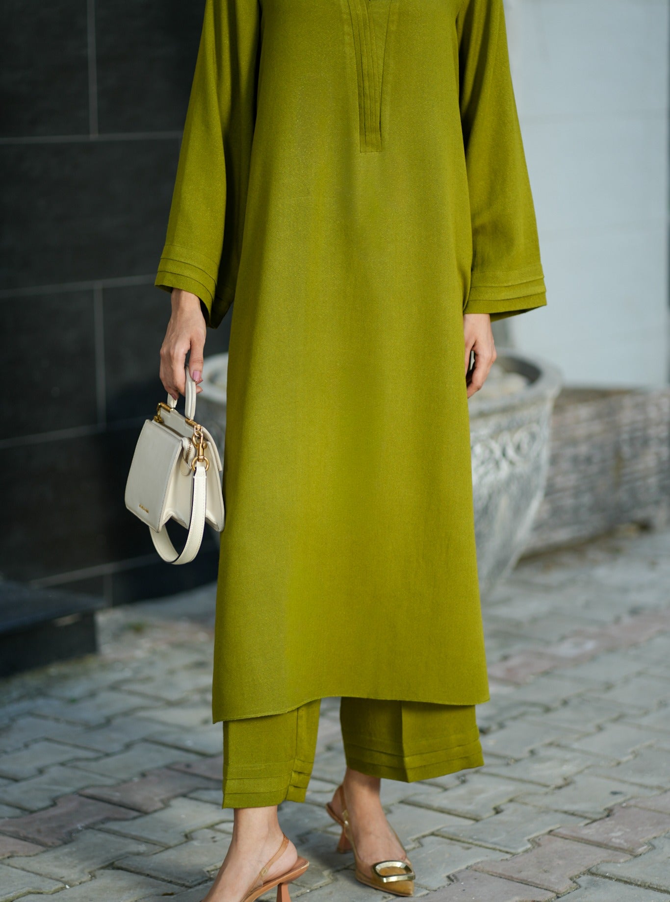 "Zaitoon" - Olive Green Solid Rayon Kurta Pant Set