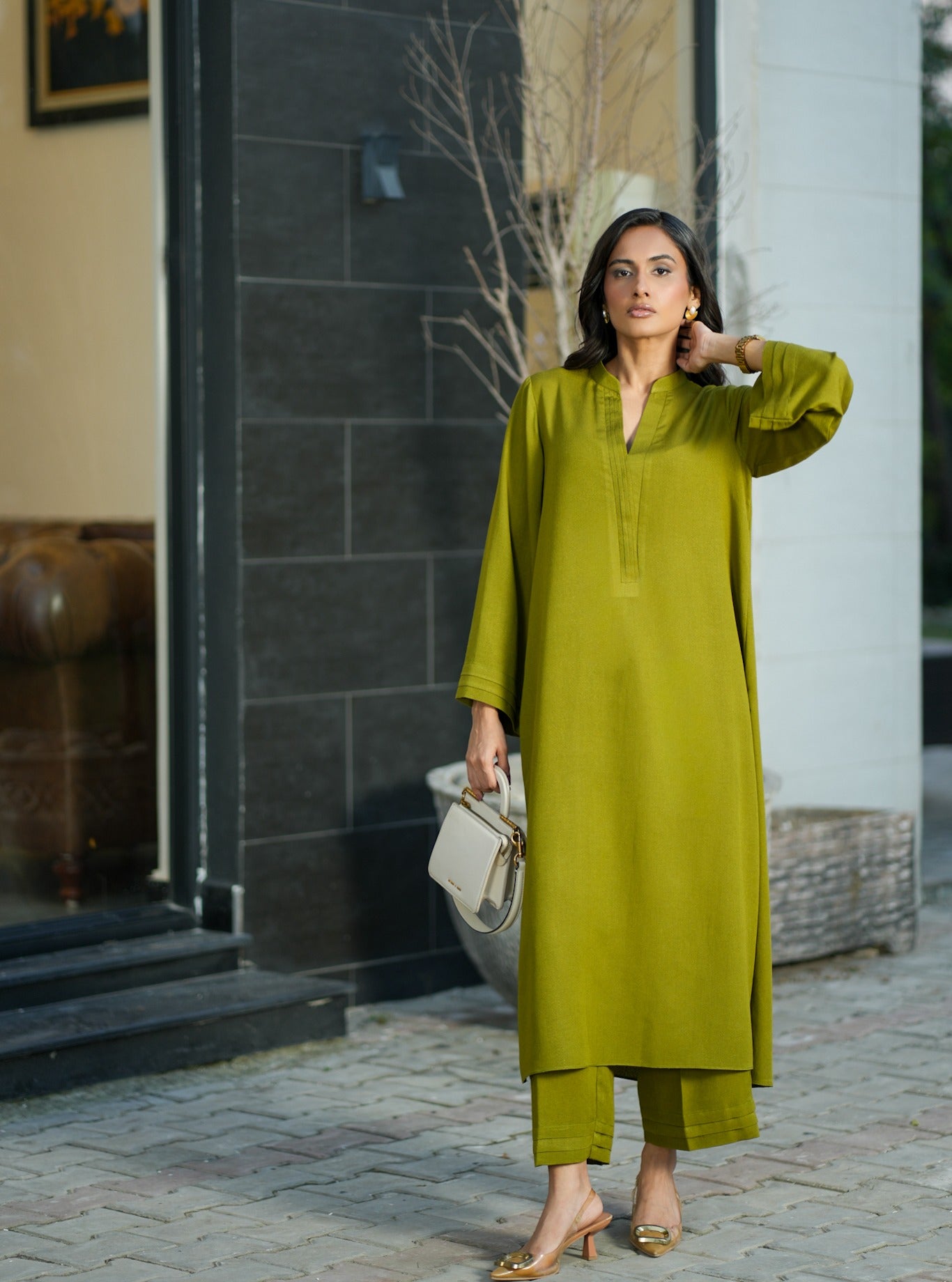"Zaitoon" - Olive Green Solid Rayon Kurta Pant Set