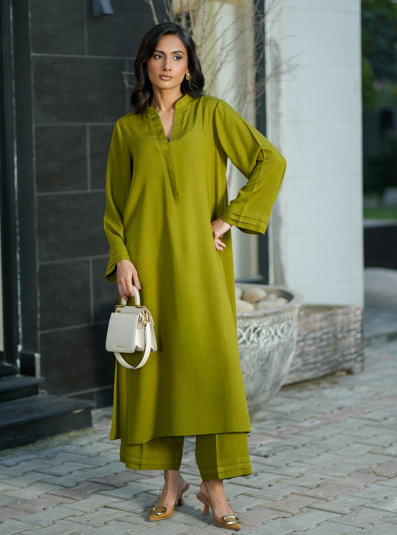 "Zaitoon" - Olive Green Solid Rayon Kurta Pant Set