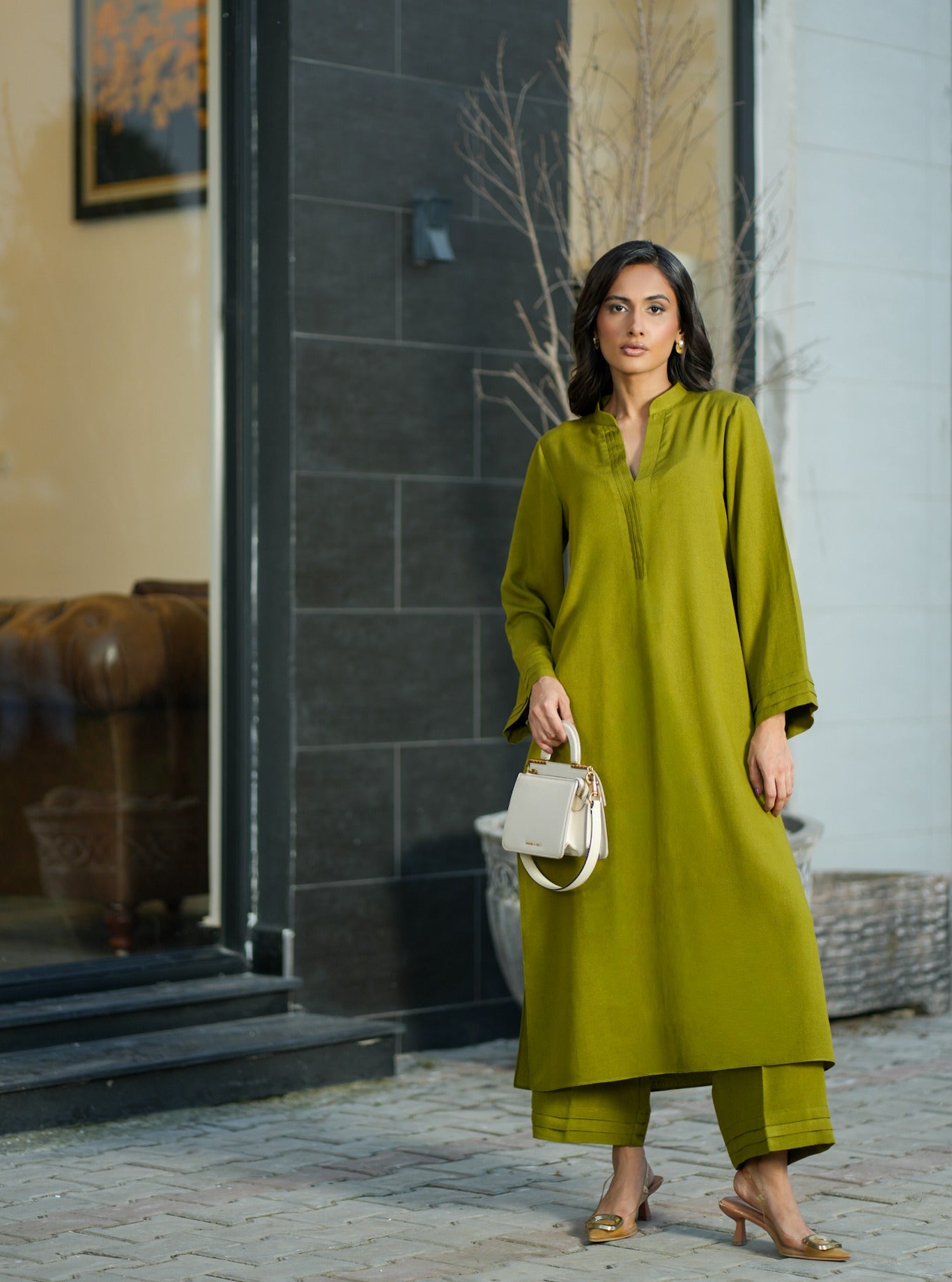 "Zaitoon" - Olive Green Solid Rayon Kurta Pant Set