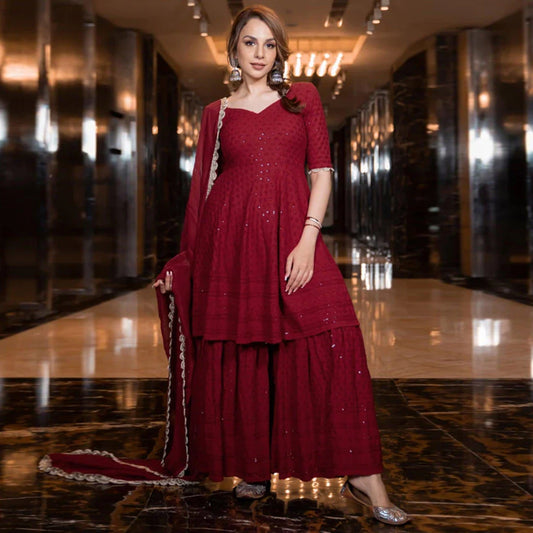 Maroon Sequin Rayon Sharara Suit Set