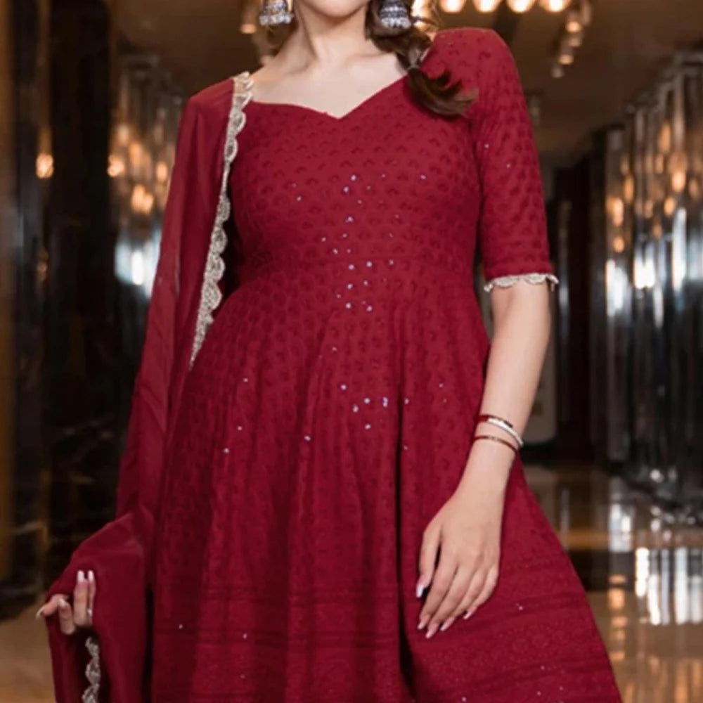 Maroon Sequin Rayon Sharara Suit Set
