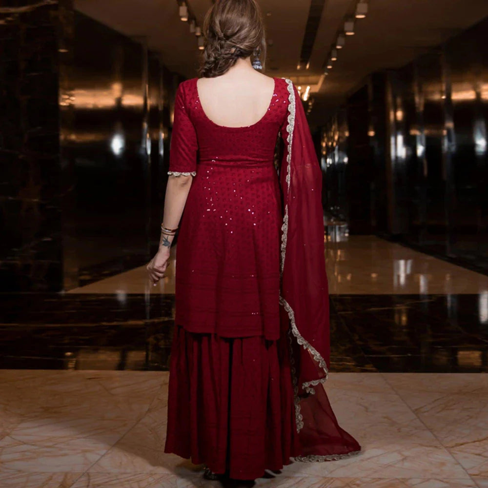 Maroon Sequin Rayon Sharara Suit Set