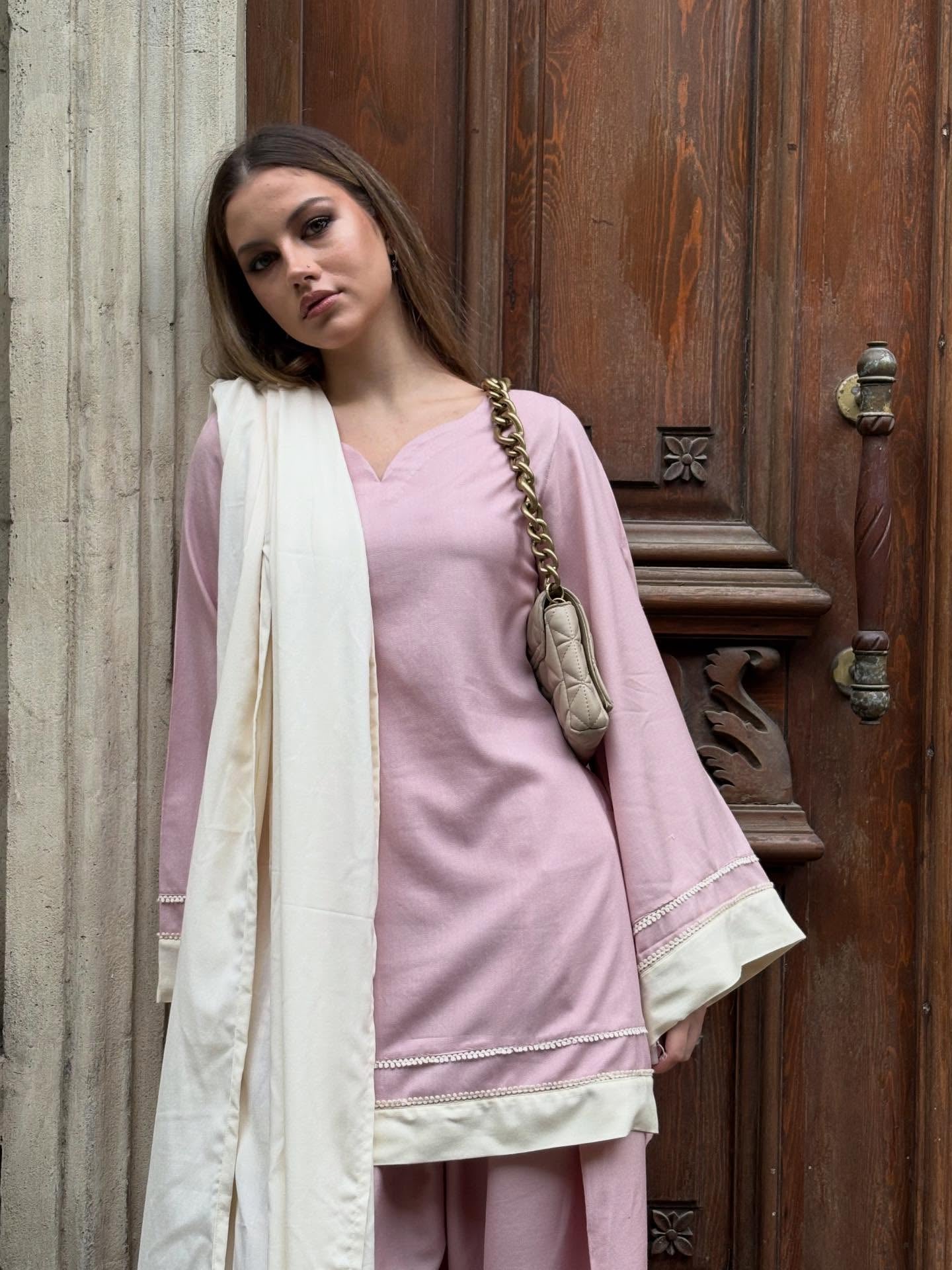 "Roohi" - Dusty Pink Rayon 3-Piece Suit Set with White Dupatta