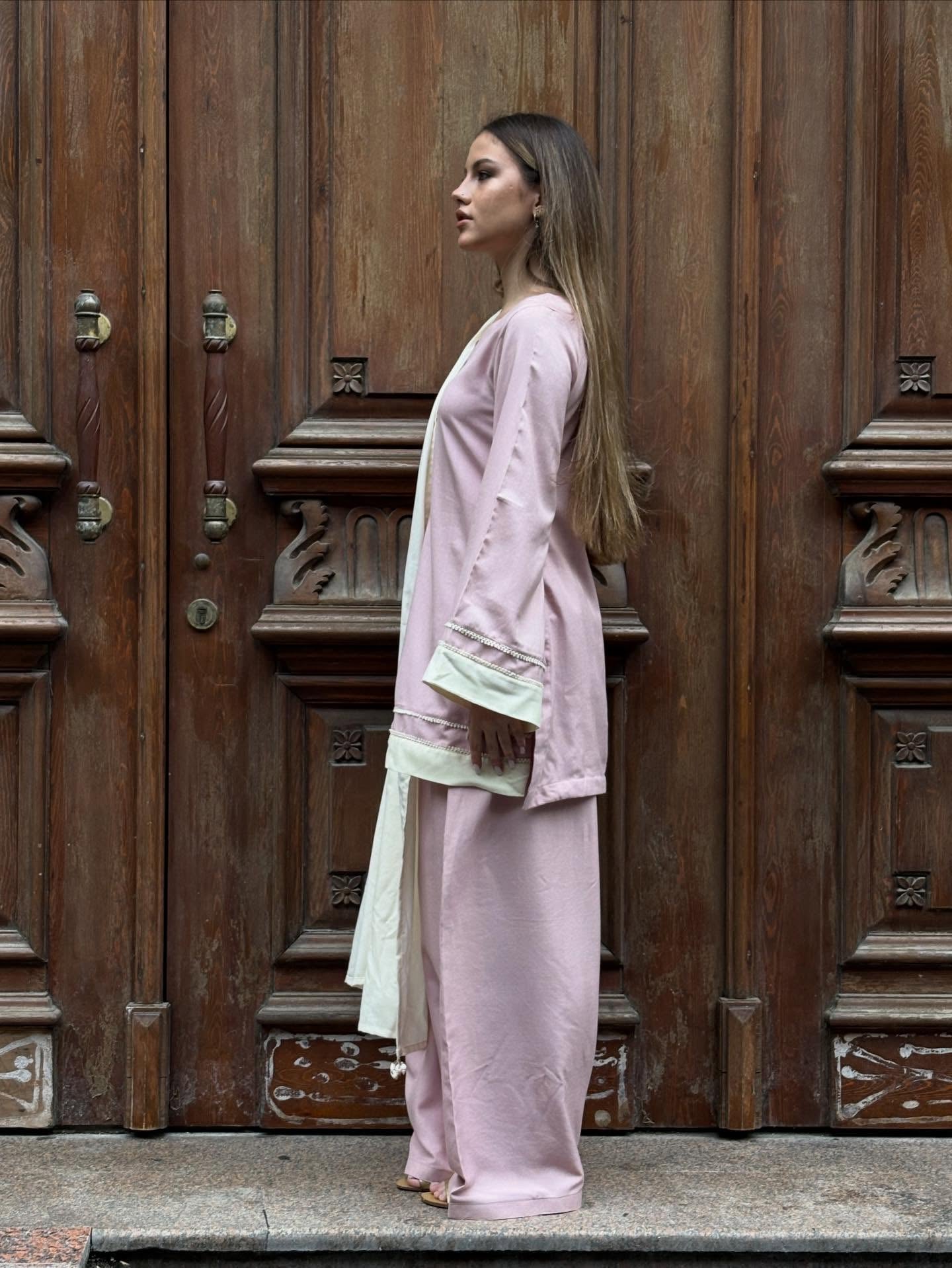 "Roohi" - Dusty Pink Rayon 3-Piece Suit Set with White Dupatta