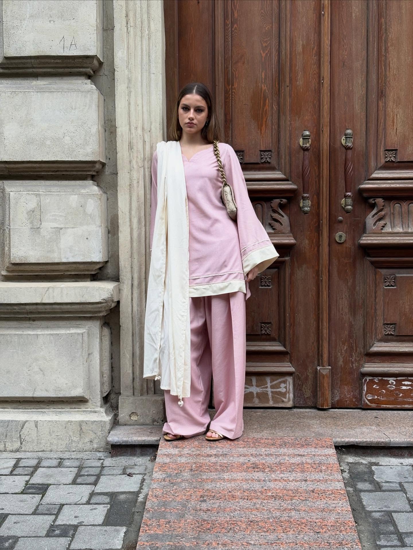 "Roohi" - Dusty Pink Rayon 3-Piece Suit Set with White Dupatta