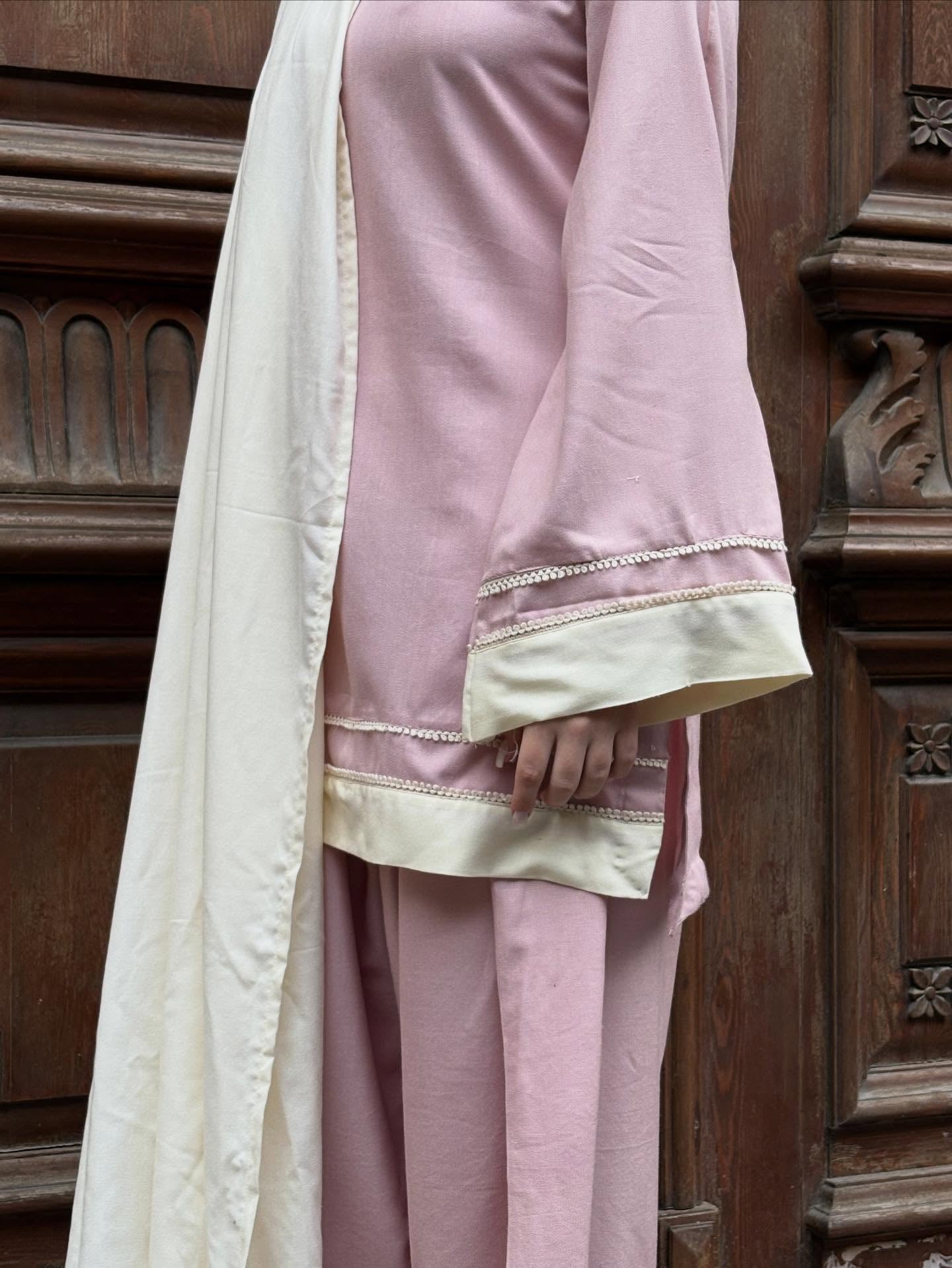 "Roohi" - Dusty Pink Rayon 3-Piece Suit Set with White Dupatta
