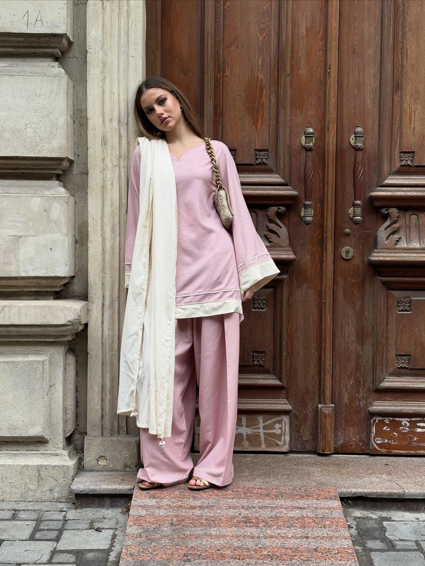 "Roohi" - Dusty Pink Rayon 3-Piece Suit Set with White Dupatta