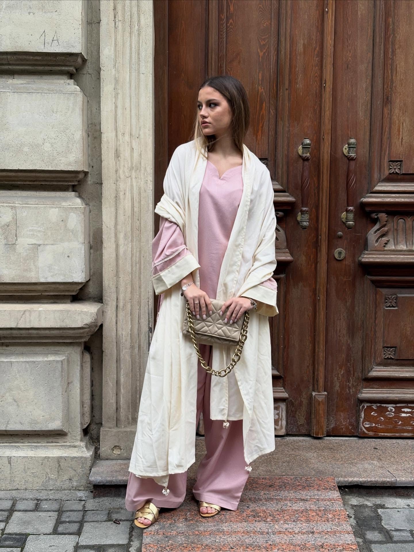 "Roohi" - Dusty Pink Rayon 3-Piece Suit Set with White Dupatta