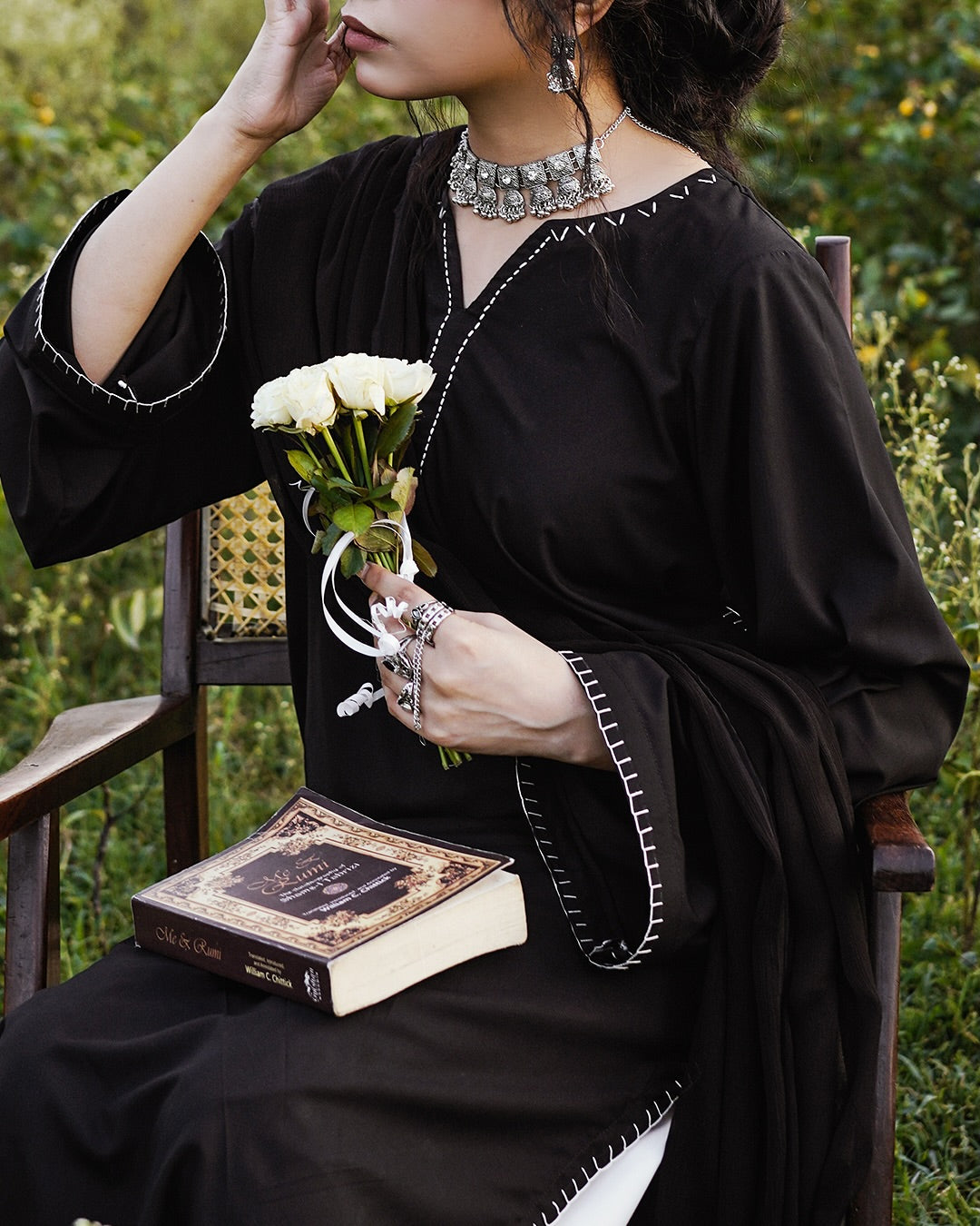 "Samita" - Black Rayon Kurta Set with Contrast White Piping