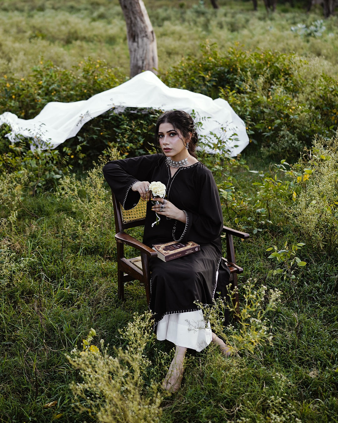 "Samita" - Black Rayon Kurta Set with Contrast White Piping