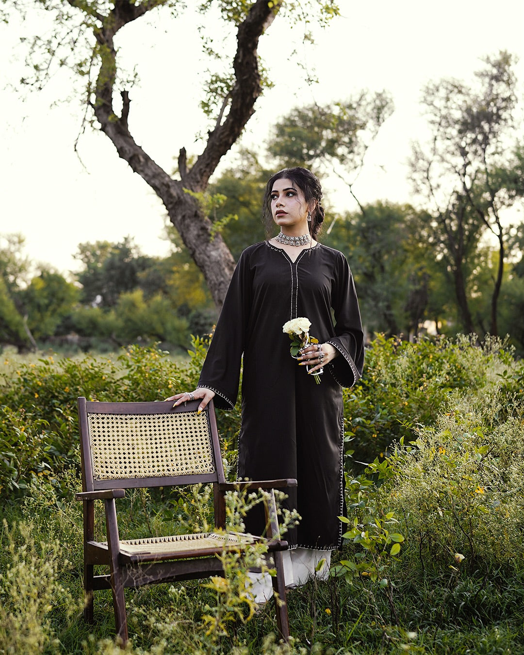 "Samita" - Black Rayon Kurta Set with Contrast White Piping