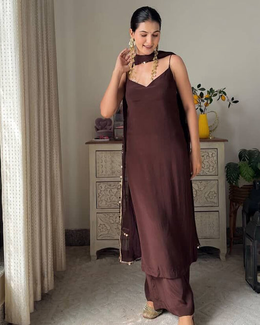 "Noor" - Chocolate Brown Satin Suit Set with Embellished Dupatta