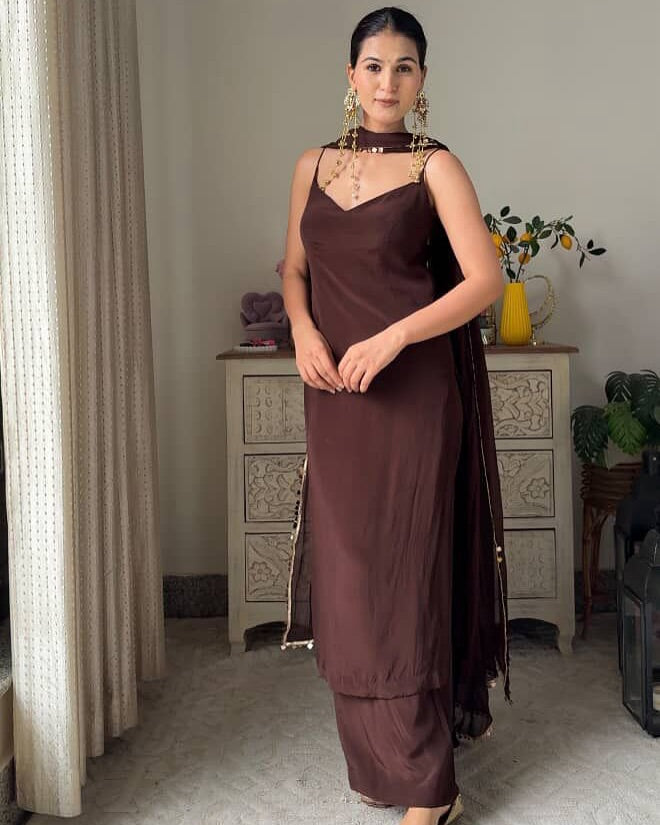 "Noor" - Chocolate Brown Satin Suit Set with Embellished Dupatta