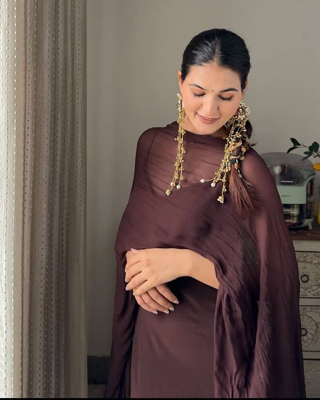 "Noor" - Chocolate Brown Satin Suit Set with Embellished Dupatta